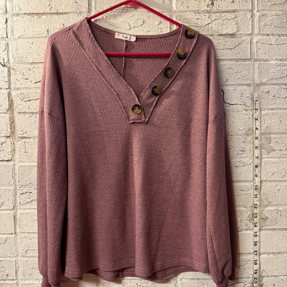 Hope Waffle Knit Button Neck Long Sleeve Top | Mauve Purple Pullover | Size Larg